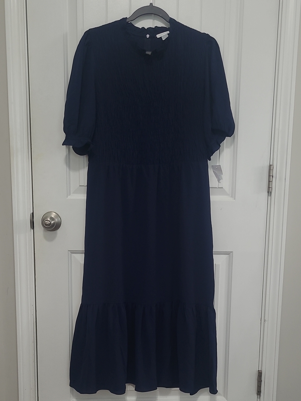 London Times Navy Smocked Midi Dress